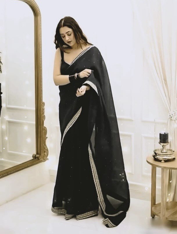 1 MIN READY TO WEAR PURE SOFT ORGANZA  SILK WITH BEAUTIFUL DIAMOND WORK