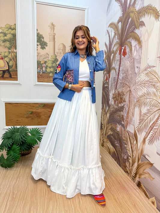 DENIM KOTI, LEHENGA & BLOUSE WITH EMBROIDERY WORK AND KODI LACE