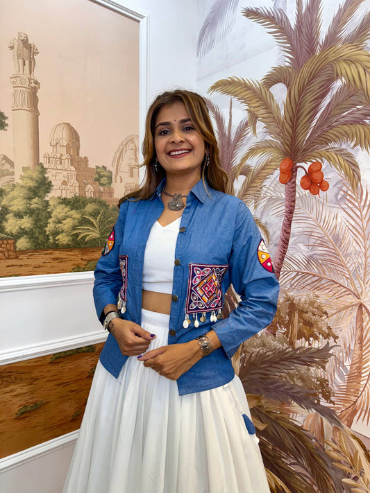 DENIM KOTI, LEHENGA & BLOUSE WITH EMBROIDERY WORK AND KODI LACE