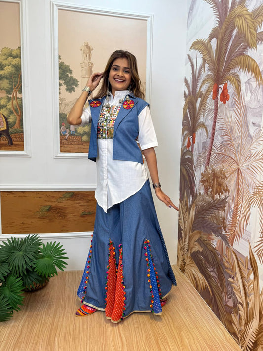 DENIM JEANS PLAZZO, KOTI & SHIRT WITH EMBROIDERY WORK AND KODI LACE