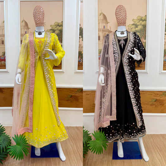 GOWN, KOTI & DUPATTA SET WITH EMBROIDERY WORK & CRYSTAL STONE WORK