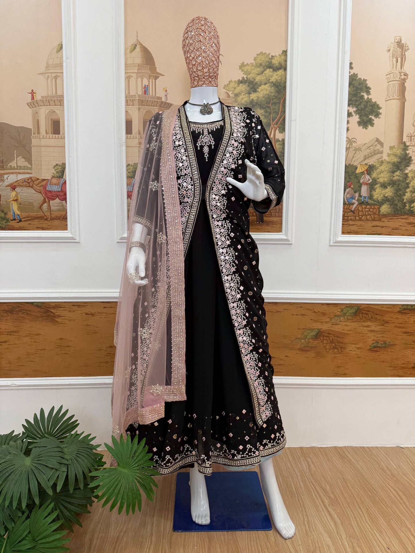 GOWN, KOTI & DUPATTA SET WITH EMBROIDERY WORK & CRYSTAL STONE WORK