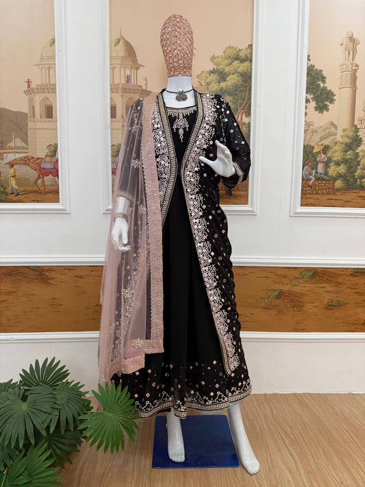 GOWN, KOTI & DUPATTA SET WITH EMBROIDERY WORK & CRYSTAL STONE WORK