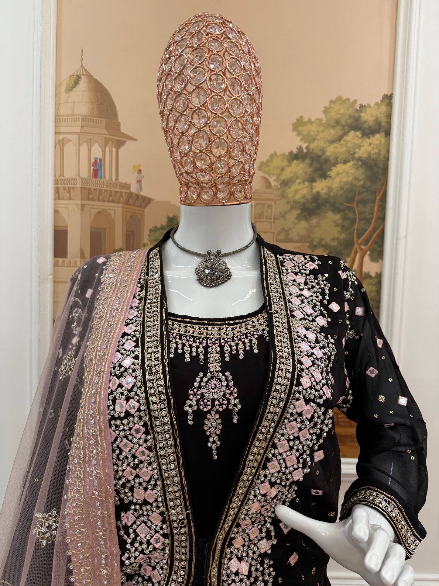 GOWN, KOTI & DUPATTA SET WITH EMBROIDERY WORK & CRYSTAL STONE WORK