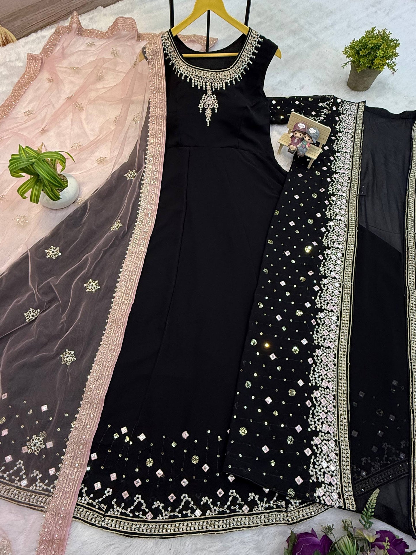 GOWN, KOTI & DUPATTA SET WITH EMBROIDERY WORK & CRYSTAL STONE WORK