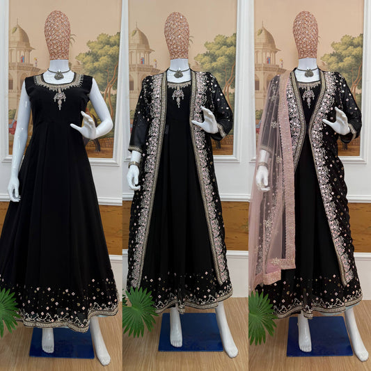 GOWN, KOTI & DUPATTA SET WITH EMBROIDERY WORK & CRYSTAL STONE WORK