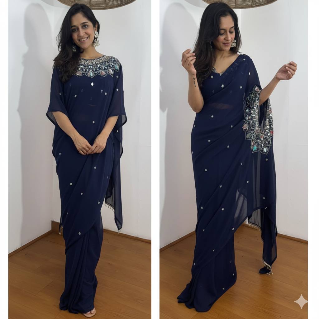 2 STYLES HAND WORKED, DRAPE SAREE  WITH STITCHED BLOUSE