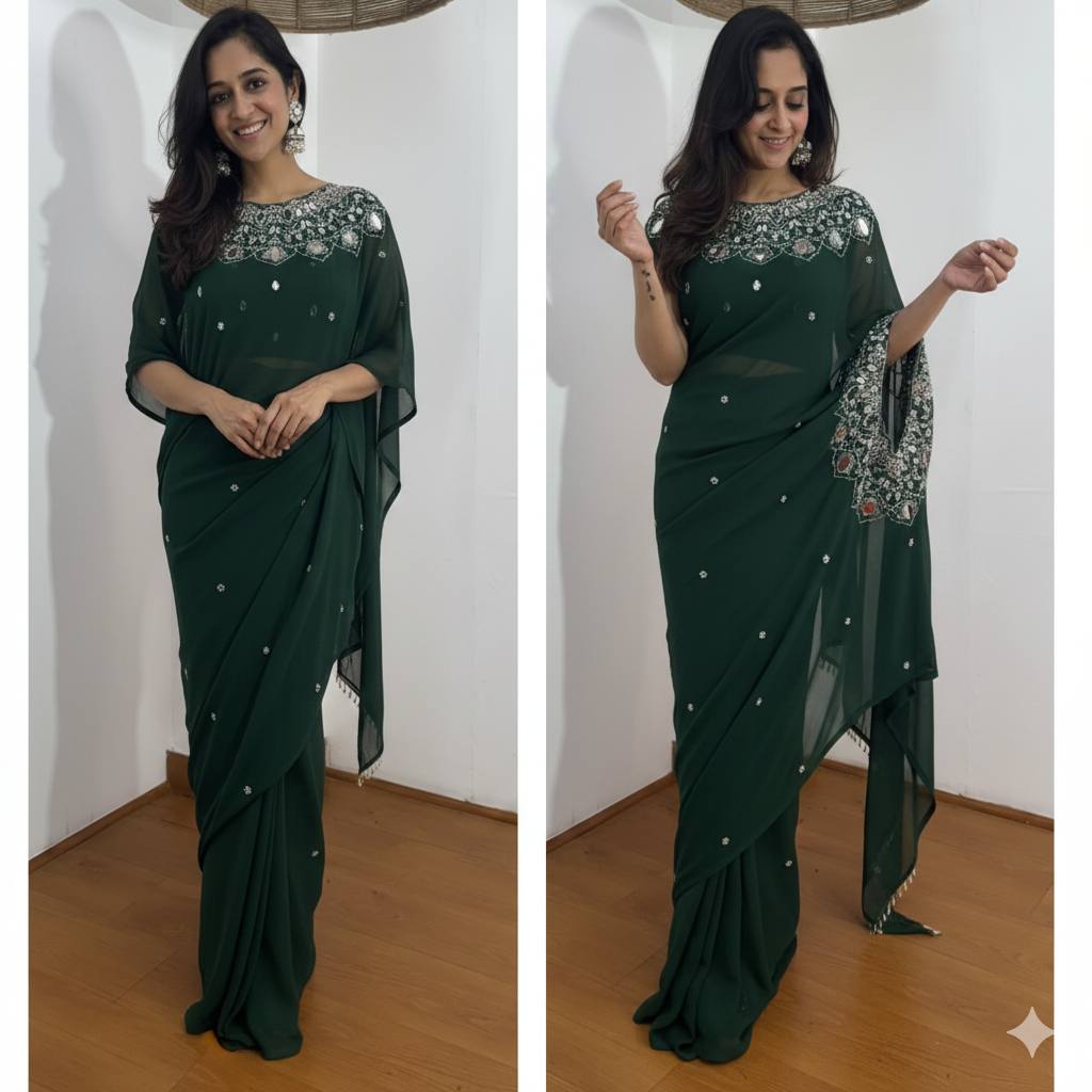 2 STYLES HAND WORKED, DRAPE SAREE  WITH STITCHED BLOUSE