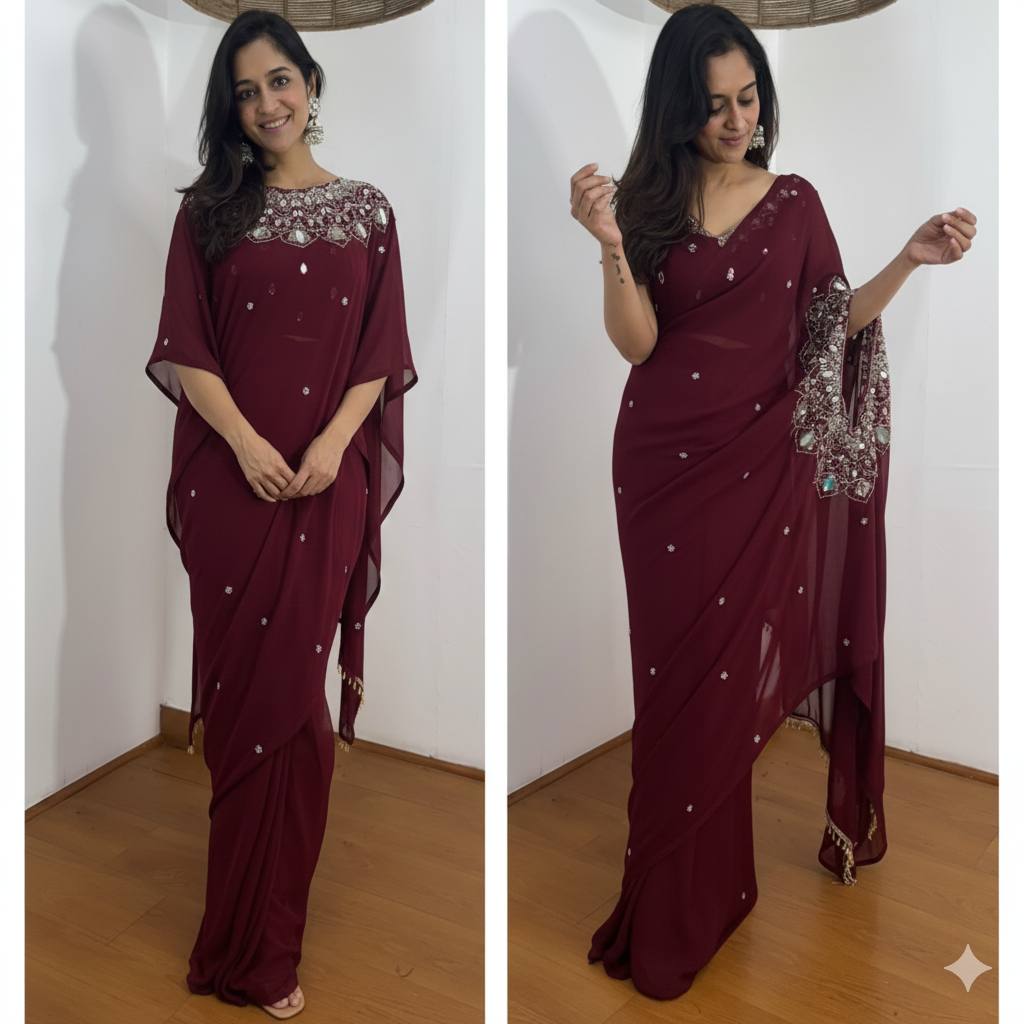 2 STYLES HAND WORKED, DRAPE SAREE  WITH STITCHED BLOUSE