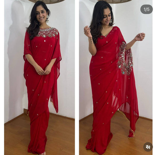 2 STYLES HAND WORKED, DRAPE SAREE  WITH STITCHED BLOUSE