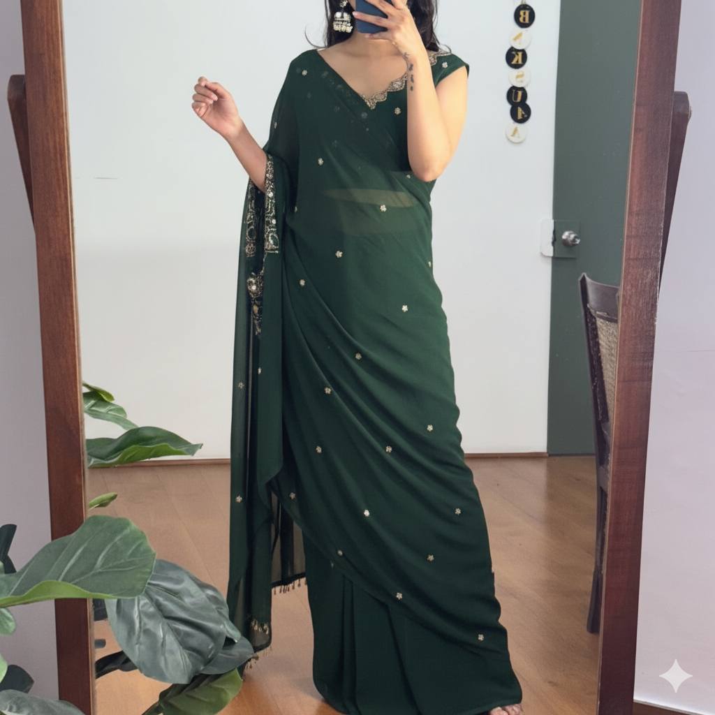 2 STYLES HAND WORKED, DRAPE SAREE  WITH STITCHED BLOUSE