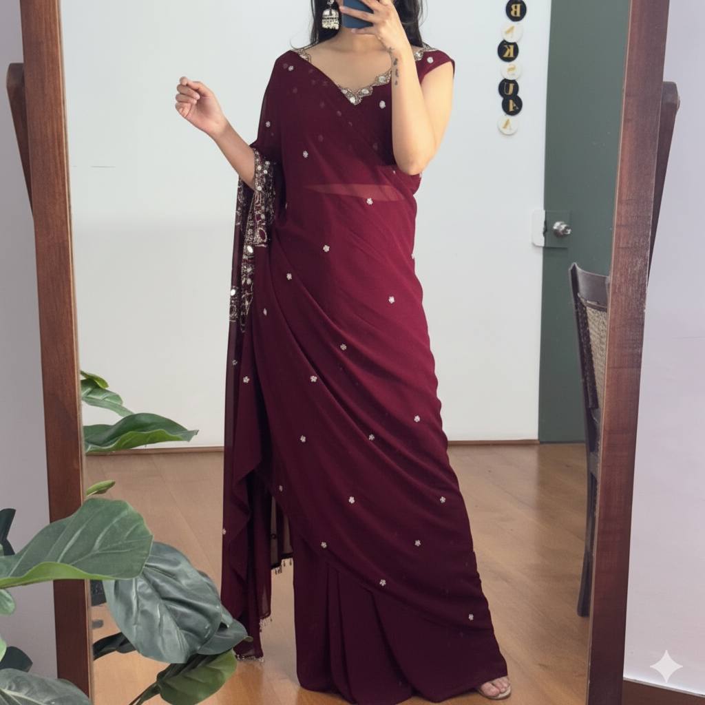 2 STYLES HAND WORKED, DRAPE SAREE  WITH STITCHED BLOUSE