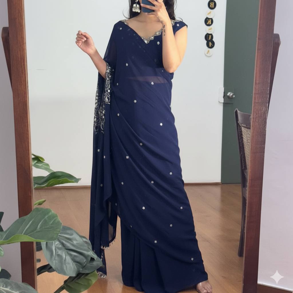 2 STYLES HAND WORKED, DRAPE SAREE  WITH STITCHED BLOUSE