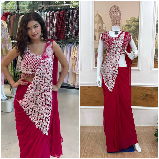 TRENDING READY TO WEAR SAREE WITH FULLY EMBROIDERED STYLIST BLOUSE