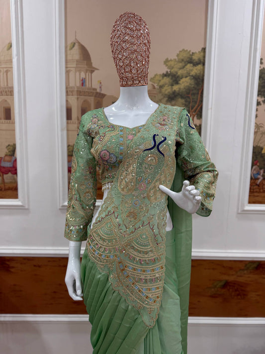 TRENDING READY TO WEAR SAREE WITH FULLY EMBROIDERED STYLIST BLOUSE