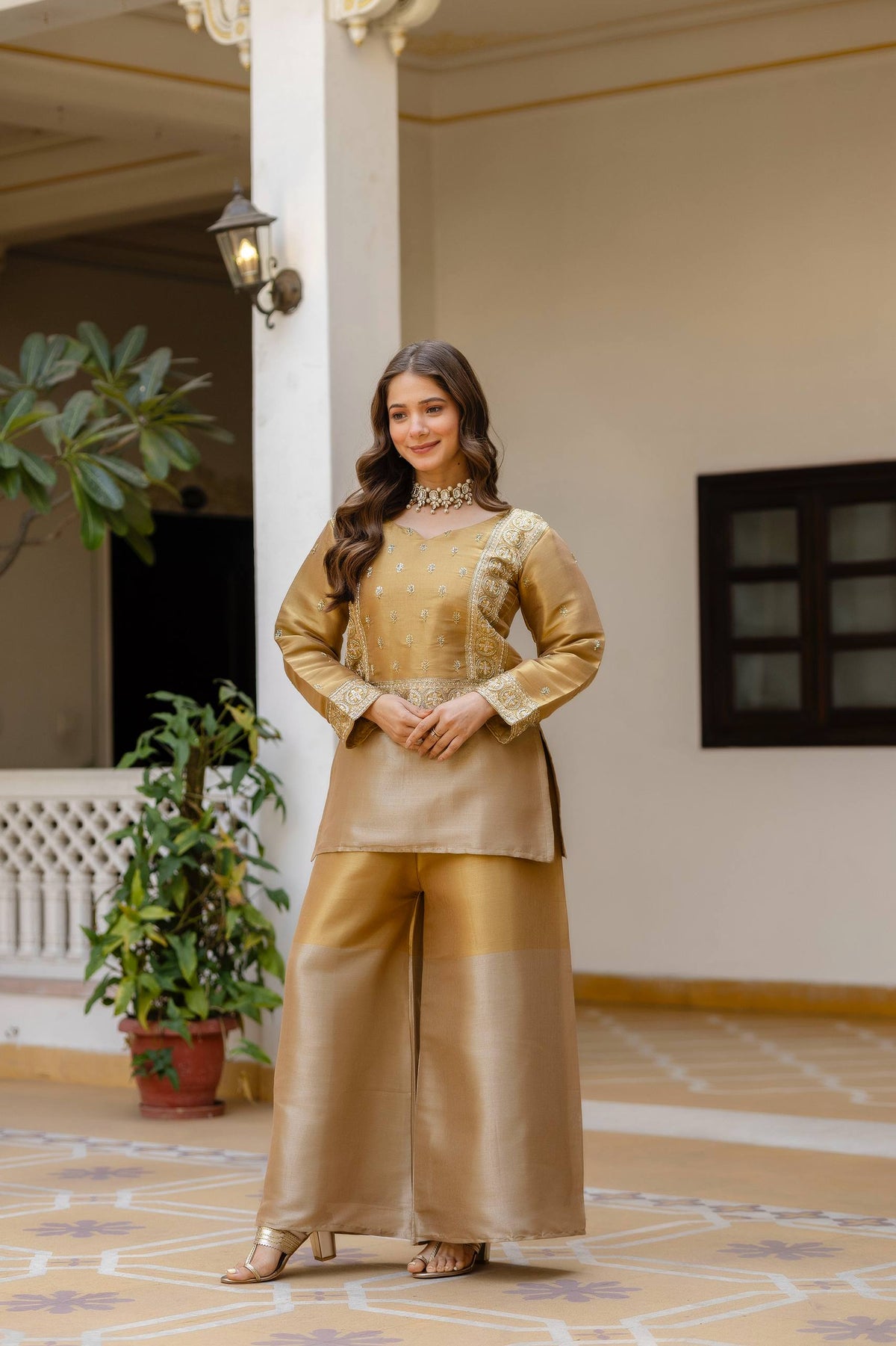 BANARASI VISCOUS FABRIC WITH BEADS EMBROIDERED WORK, ELEGANT TWO PIECE SET