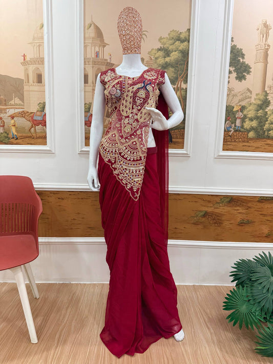 TRENDING READY TO WEAR SAREE WITH FULLY EMBROIDERED STYLIST BLOUSE
