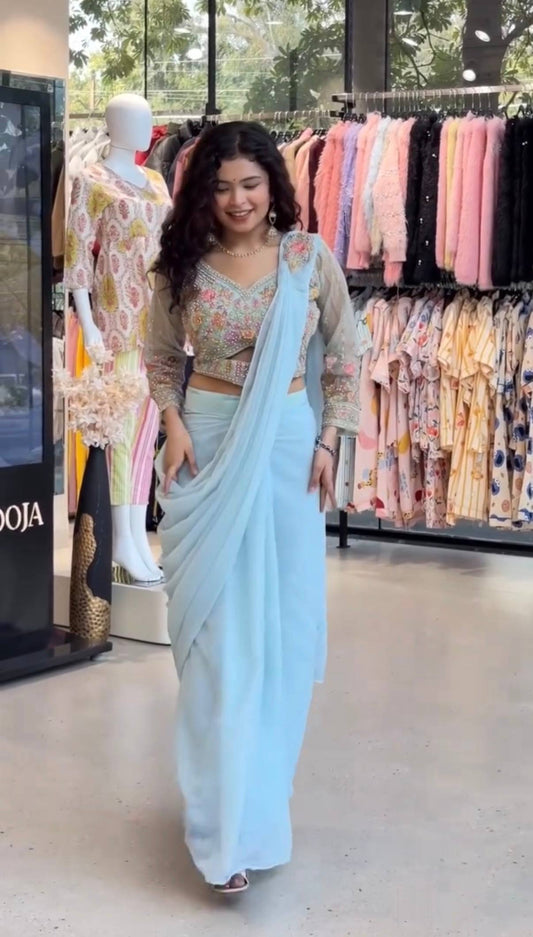 READY TO WEAR SAREE WITH HAND WORK & EMBROIDERED STYLIST BLOUSE