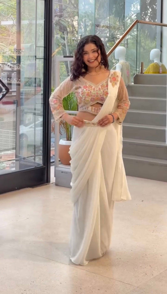 READY TO WEAR SAREE WITH HAND WORK & EMBROIDERED STYLIST BLOUSE