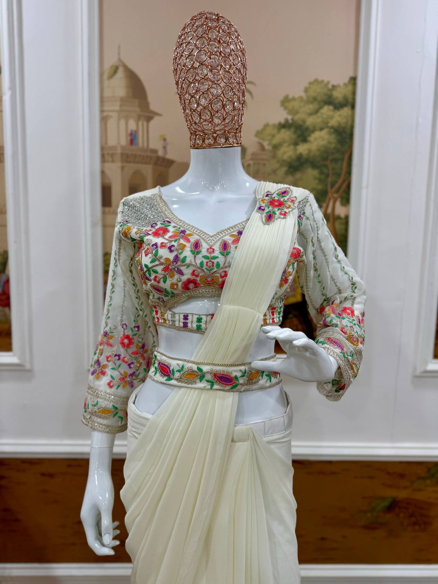 READY TO WEAR SAREE WITH HAND WORK & EMBROIDERED STYLIST BLOUSE