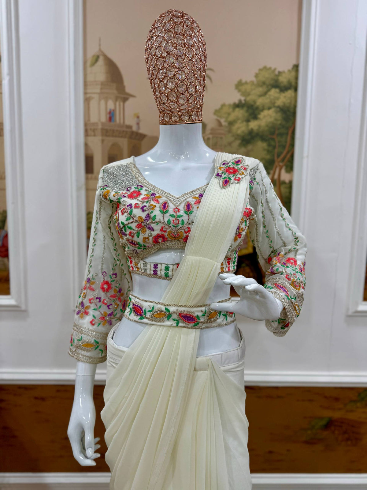 READY TO WEAR SAREE WITH HAND WORK & EMBROIDERED STYLIST BLOUSE