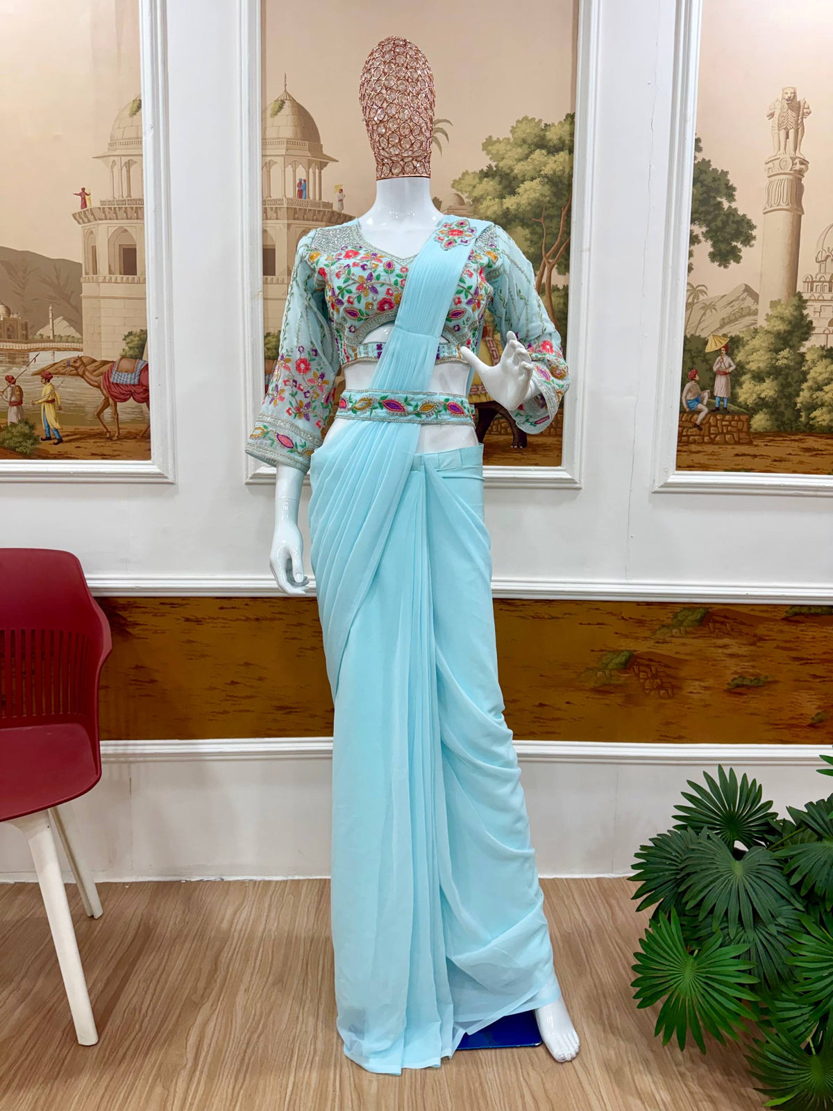 READY TO WEAR SAREE WITH HAND WORK & EMBROIDERED STYLIST BLOUSE