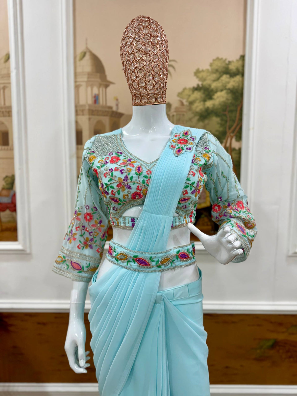READY TO WEAR SAREE WITH HAND WORK & EMBROIDERED STYLIST BLOUSE