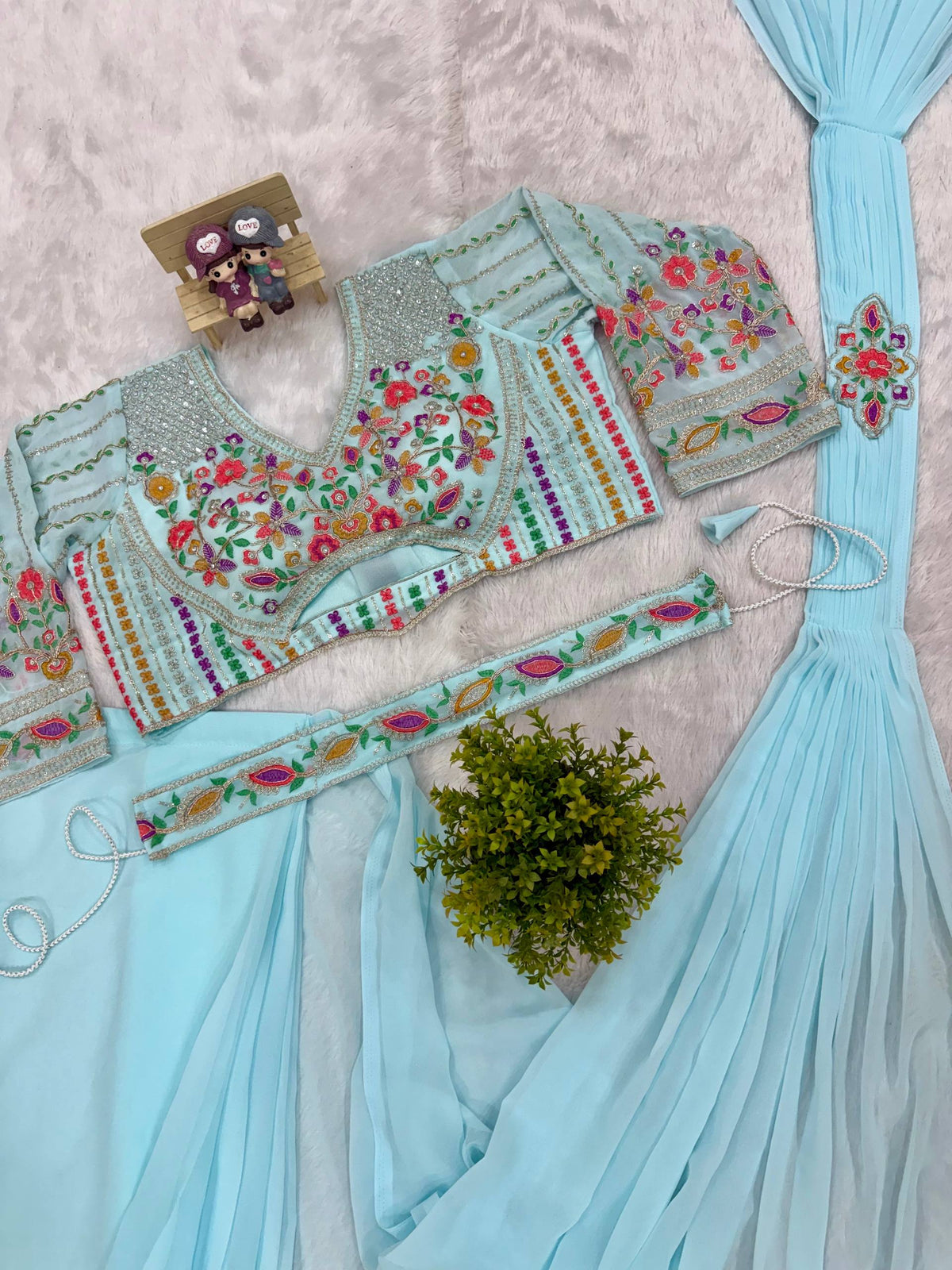 READY TO WEAR SAREE WITH HAND WORK & EMBROIDERED STYLIST BLOUSE