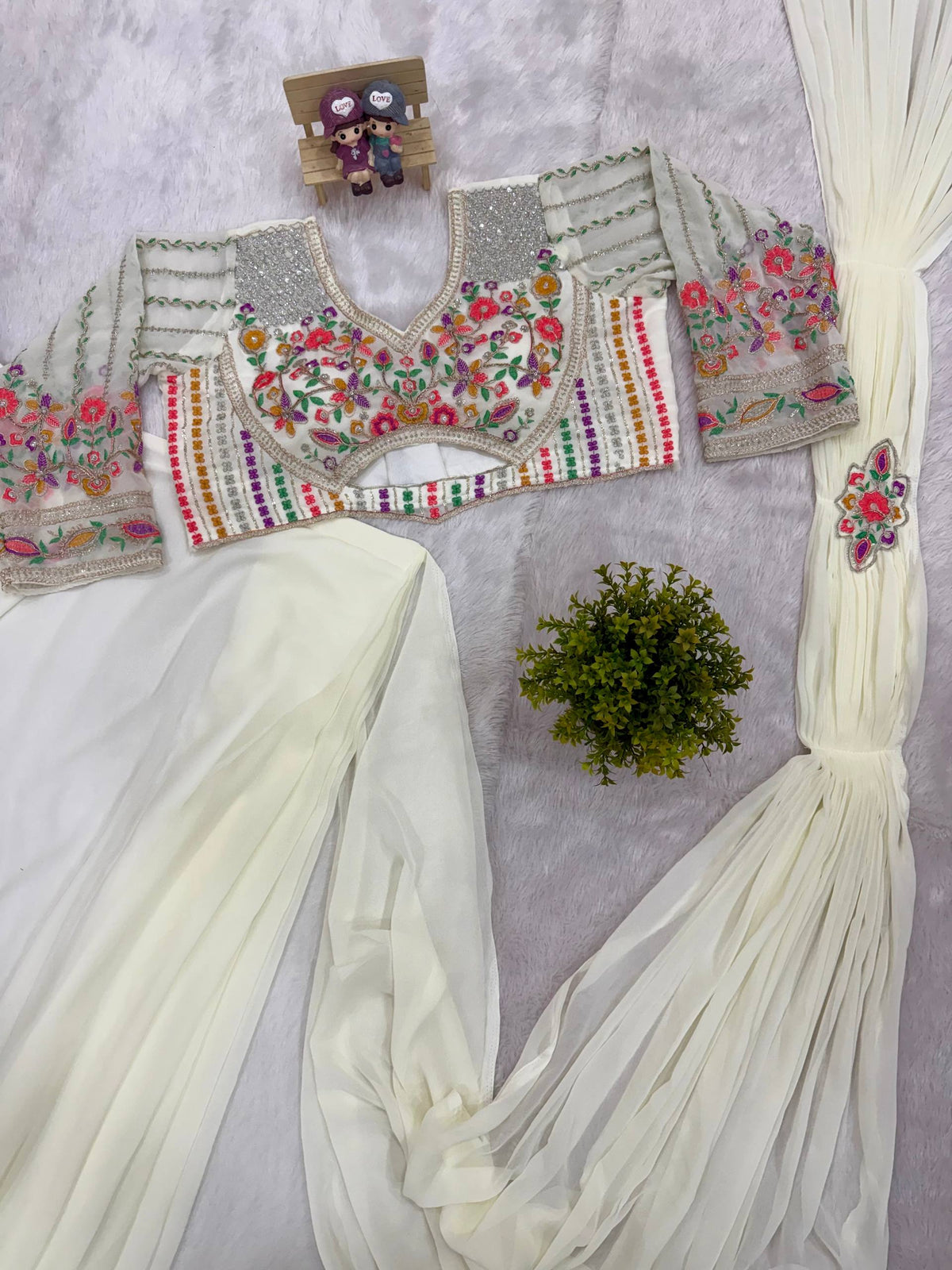 READY TO WEAR SAREE WITH HAND WORK & EMBROIDERED STYLIST BLOUSE