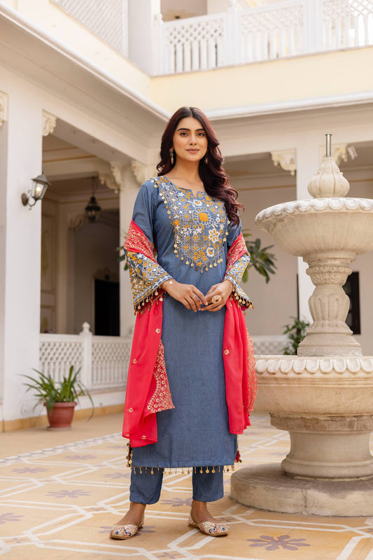 PURE EMBROIDERED DENIM COTTON FABRIC, EXCLUSIVE WARDROBE