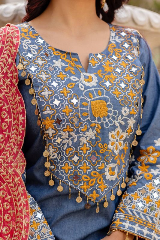 PURE EMBROIDERED DENIM COTTON FABRIC, EXCLUSIVE WARDROBE