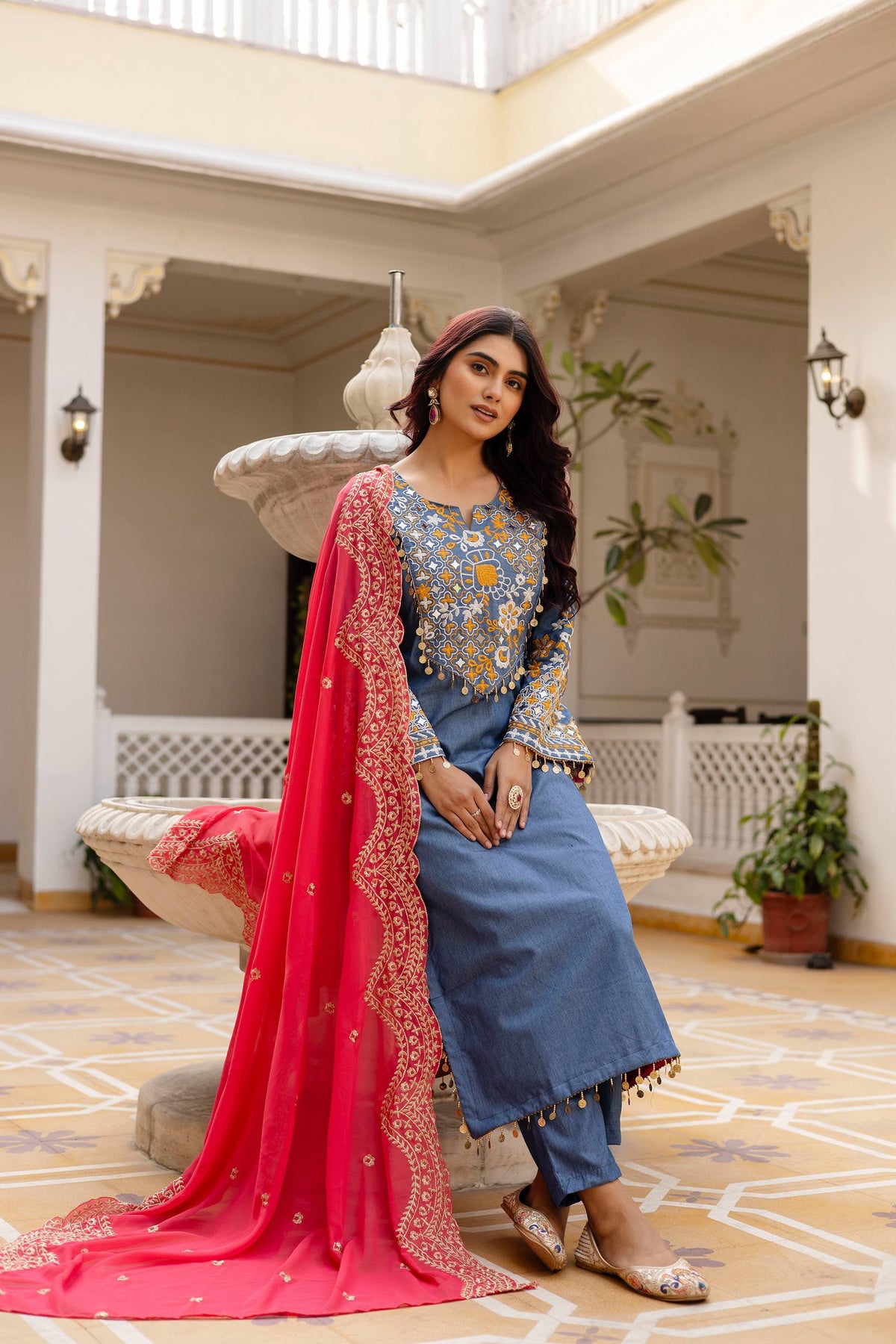 PURE EMBROIDERED DENIM COTTON FABRIC, EXCLUSIVE WARDROBE