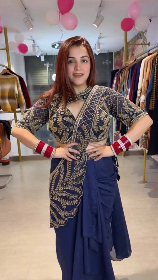 TRENDING READY TO WEAR SAREE WITH SEMI-BEADS & EMBROIDERED STYLIST BLOUSE