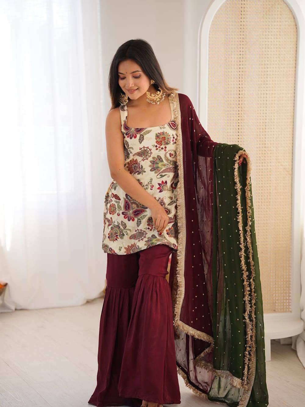 3 PIECES KURTI, SHARARA & DUPATTA WITH EMBROIDERY WORK