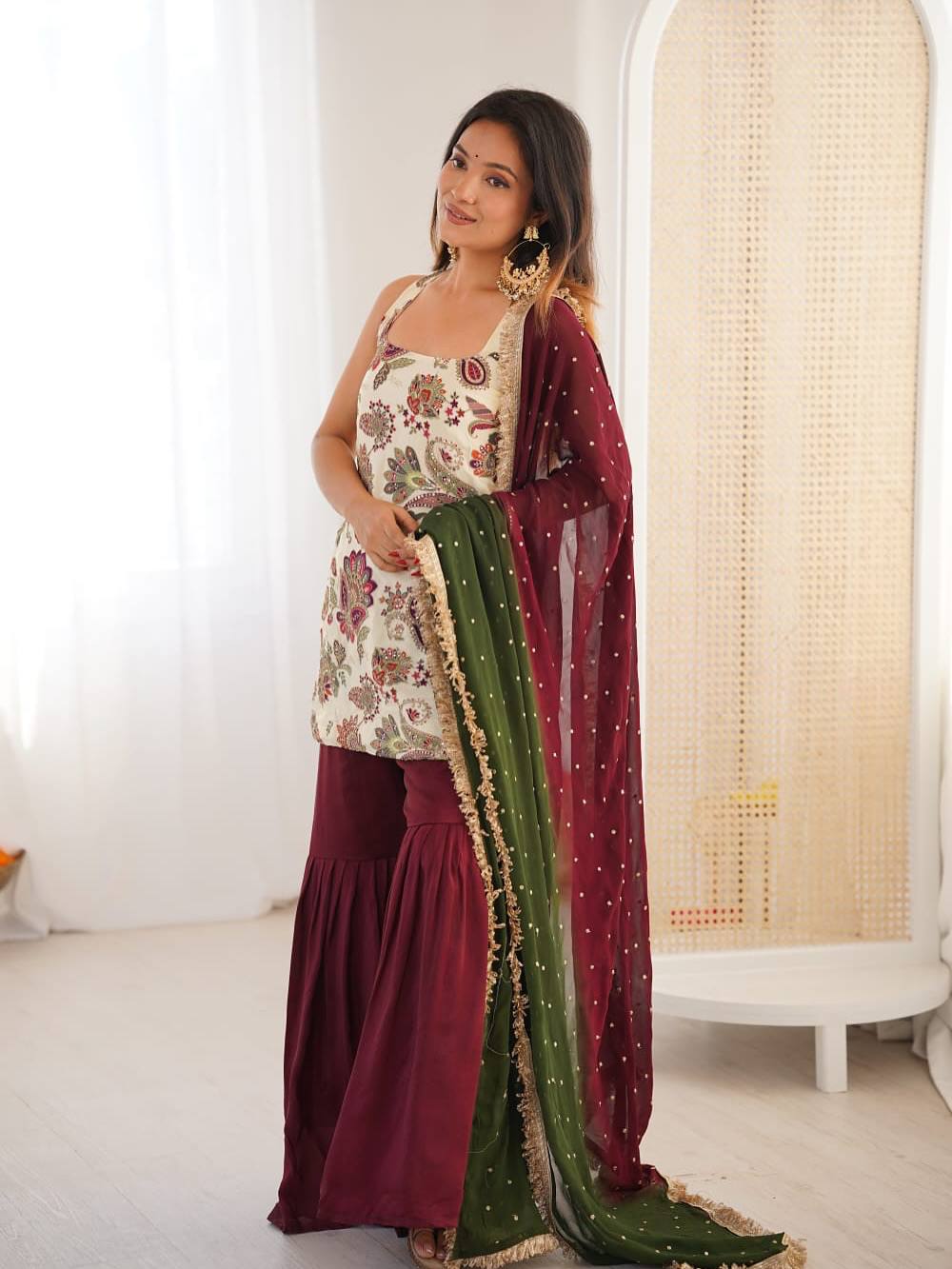 3 PIECES KURTI, SHARARA & DUPATTA WITH EMBROIDERY WORK