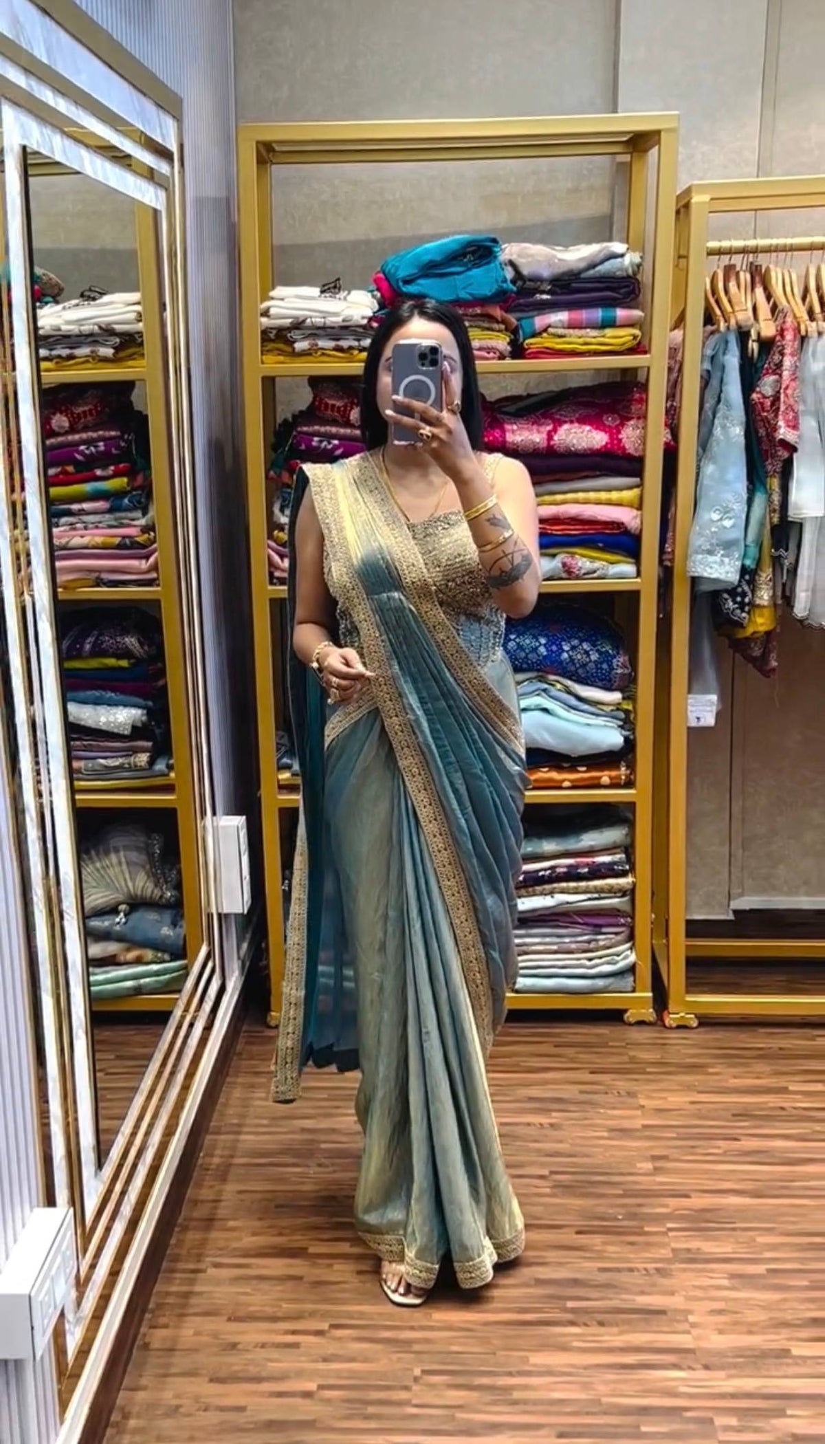 READY TO WEAR SAREE WITH FULLY HAND WORK & EMBROIDERED STYLIST BLOUSE