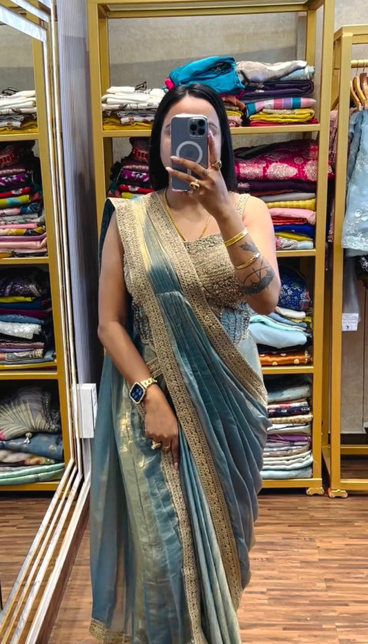 READY TO WEAR SAREE WITH FULLY HAND WORK & EMBROIDERED STYLIST BLOUSE