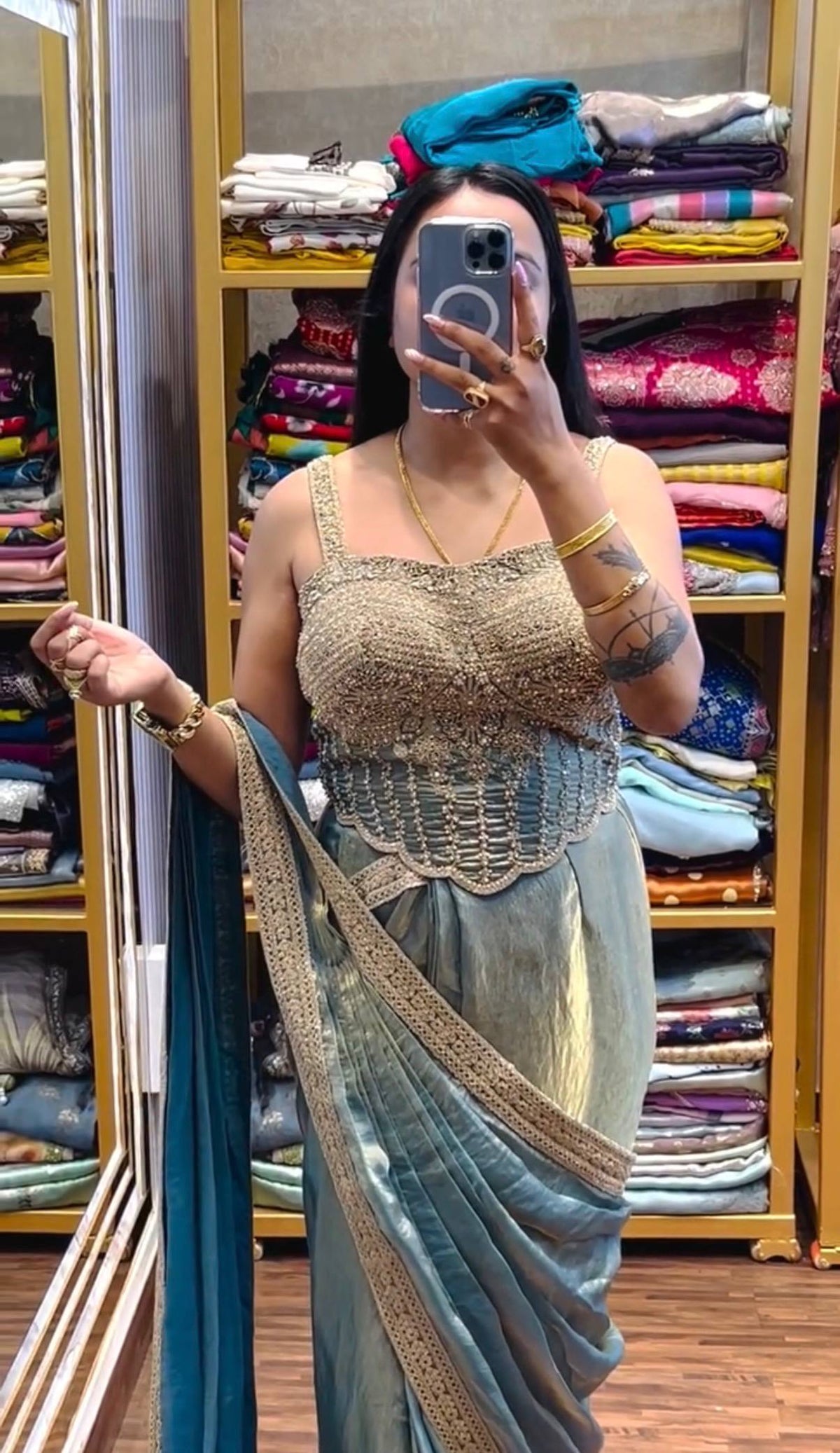 READY TO WEAR SAREE WITH FULLY HAND WORK & EMBROIDERED STYLIST BLOUSE