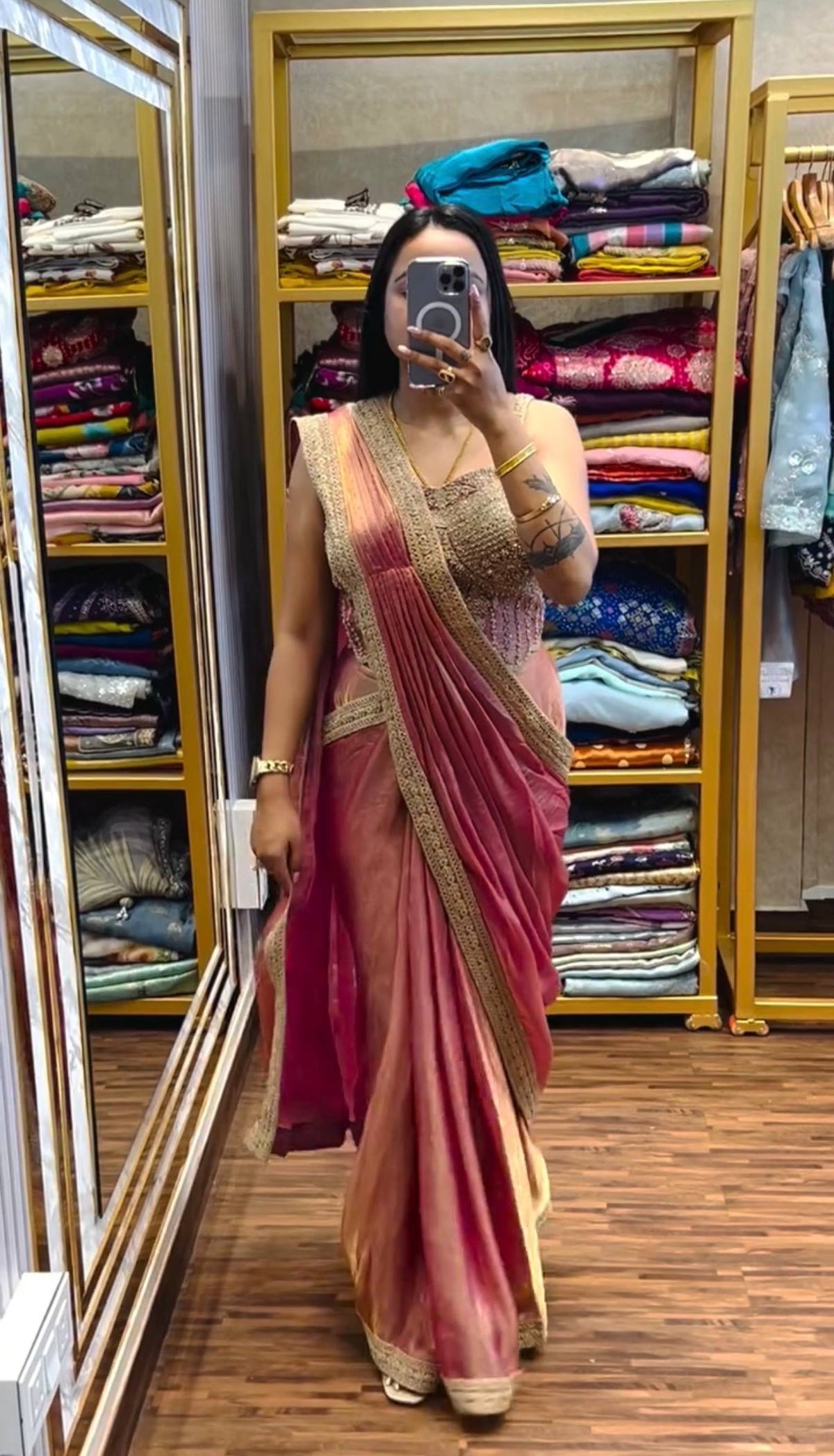 READY TO WEAR SAREE WITH FULLY HAND WORK & EMBROIDERED STYLIST BLOUSE