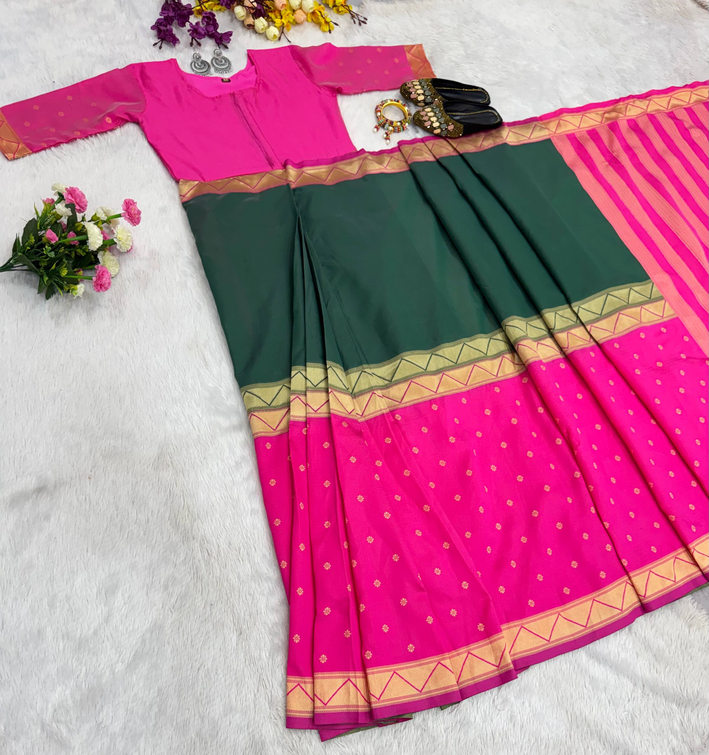 READY-TO-WEAR MYSORE SILK SAREE GOWN-EFFORTLESS PARTY WEAR FOR WOMEN