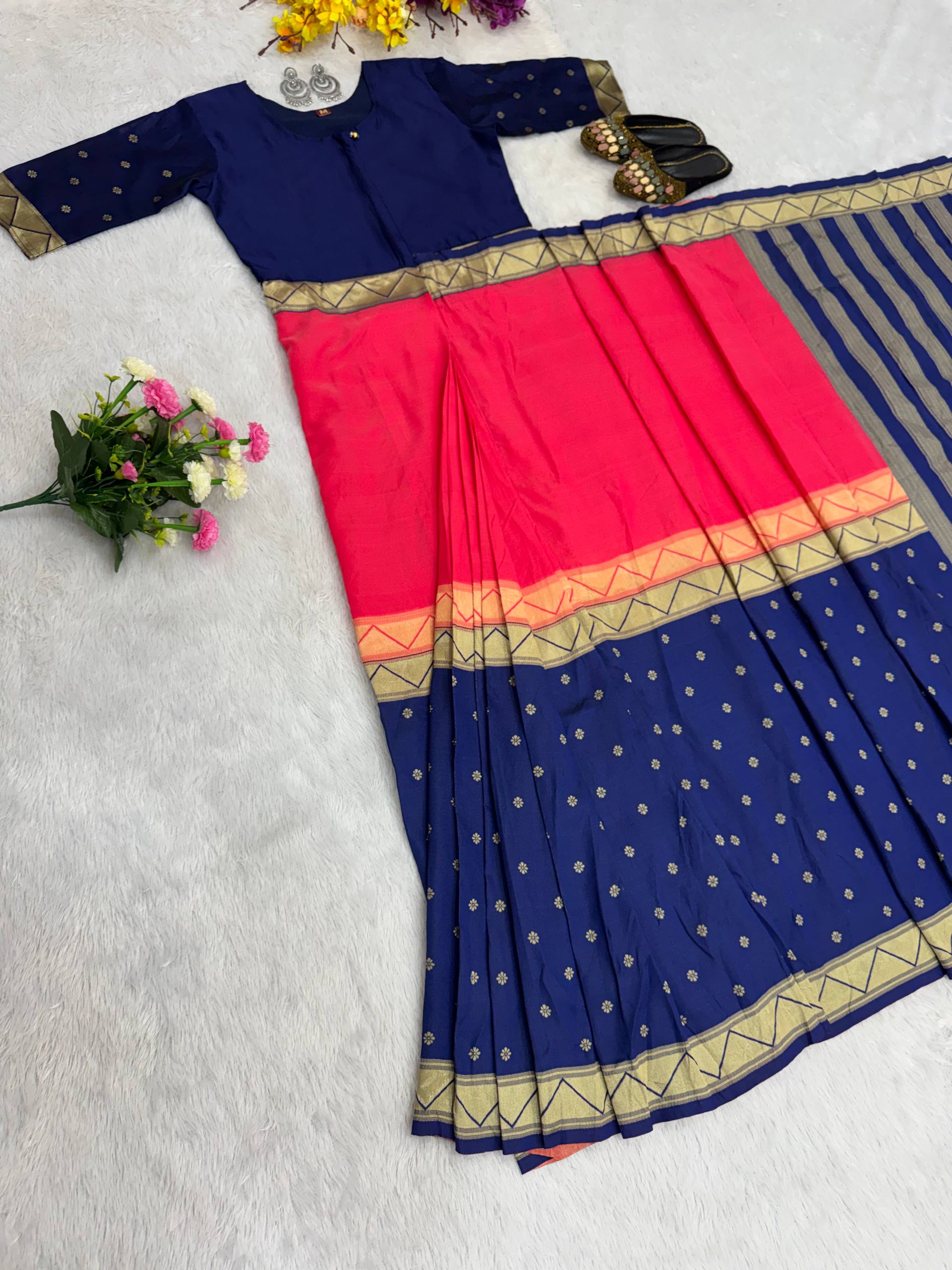 READY-TO-WEAR MYSORE SILK SAREE GOWN-EFFORTLESS PARTY WEAR FOR WOMEN