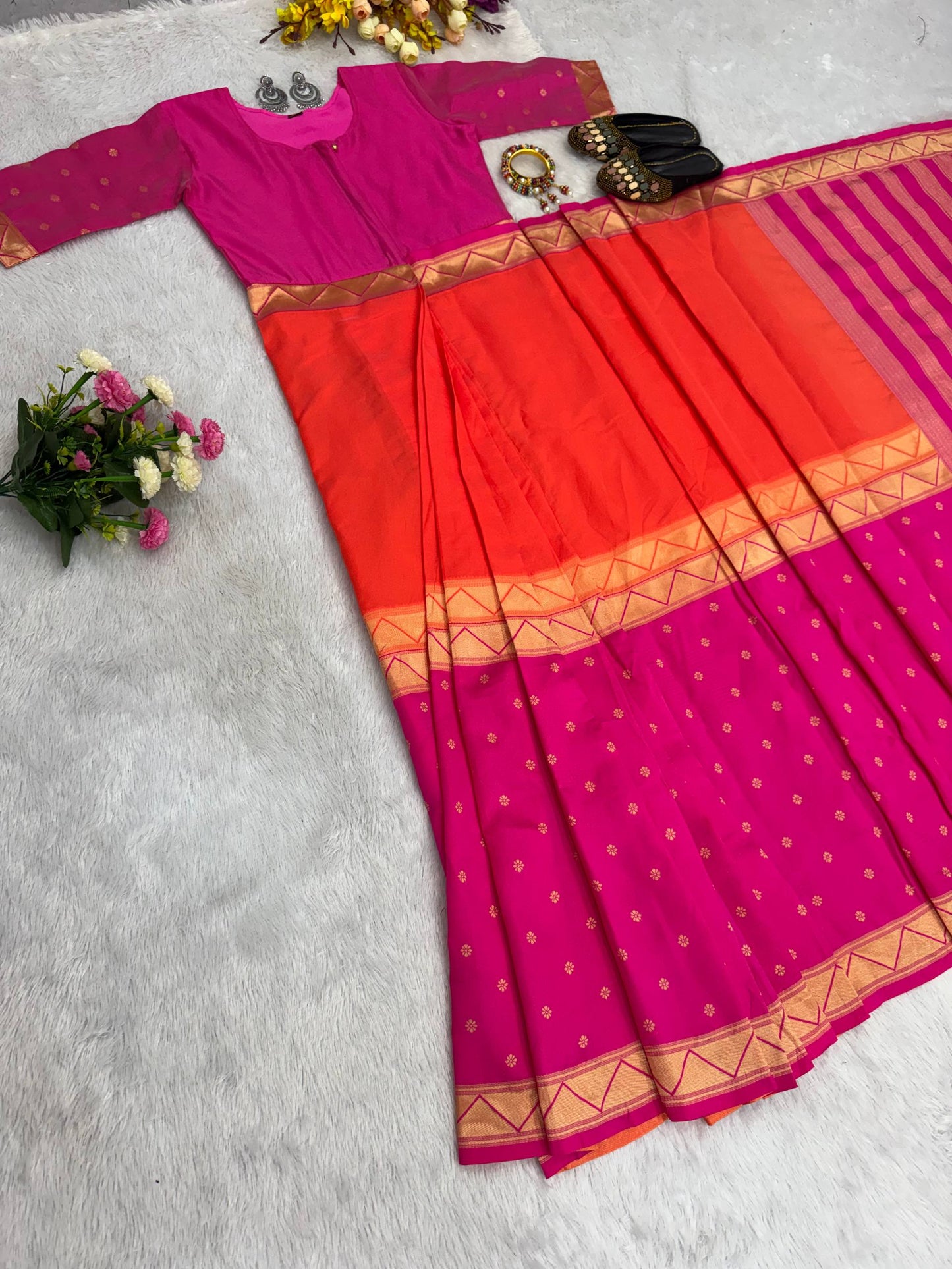 READY-TO-WEAR MYSORE SILK SAREE GOWN-EFFORTLESS PARTY WEAR FOR WOMEN