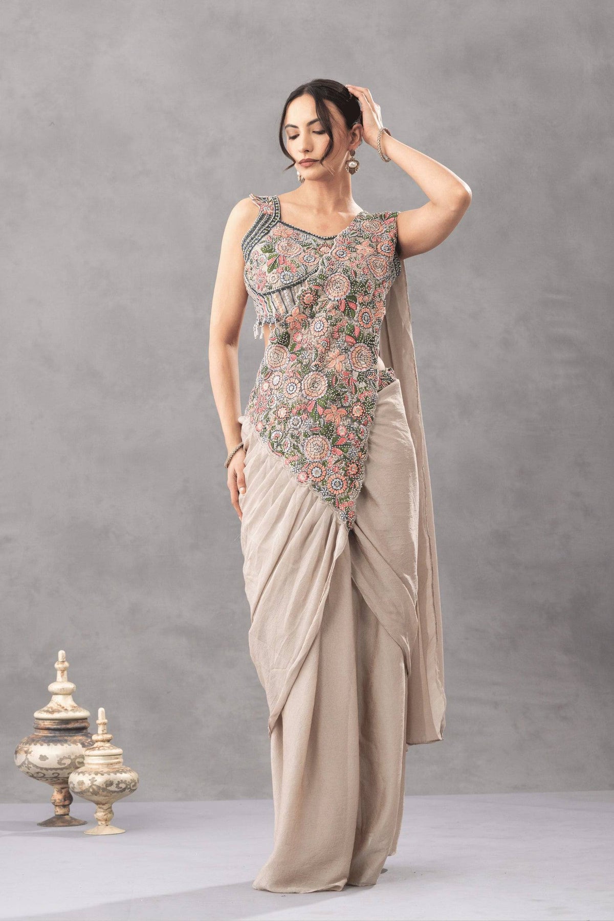 TRENDING READY TO WEAR SAREE WITH EMBROIDERED STYLIST BLOUSE ON CHINON FABRIC
