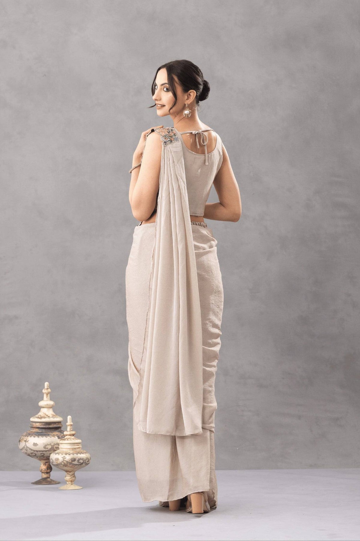 TRENDING READY TO WEAR SAREE WITH EMBROIDERED STYLIST BLOUSE ON CHINON FABRIC