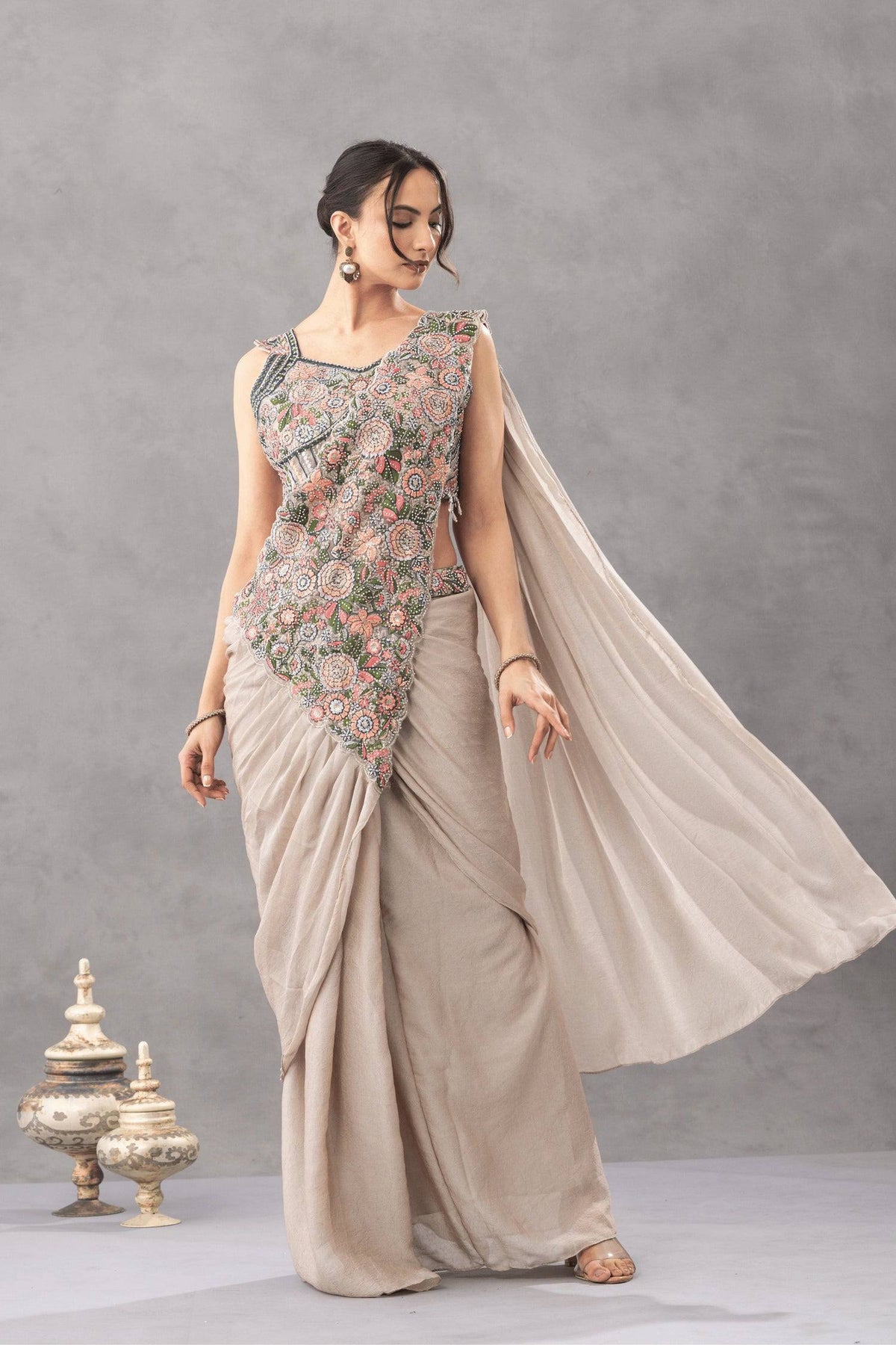 TRENDING READY TO WEAR SAREE WITH EMBROIDERED STYLIST BLOUSE ON CHINON FABRIC