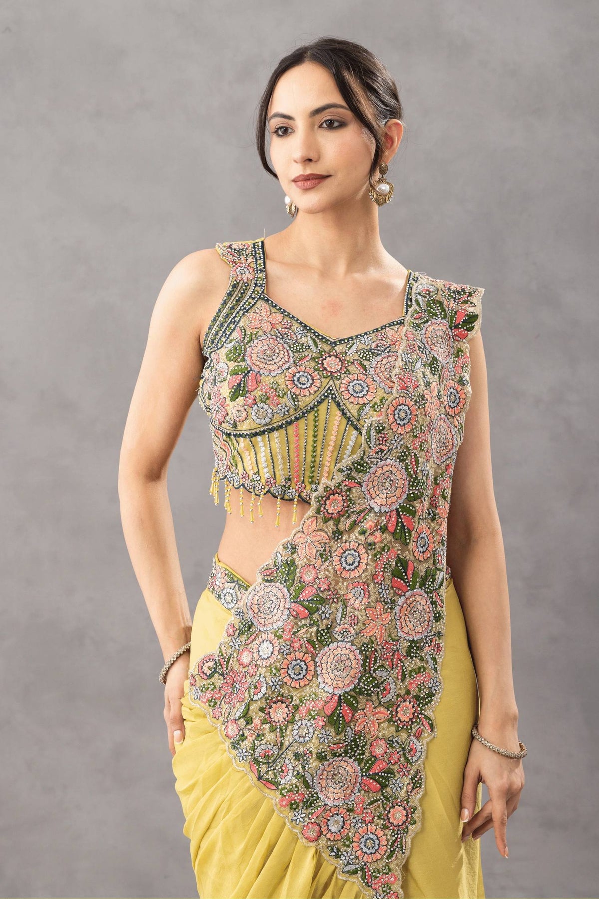 TRENDING READY TO WEAR SAREE WITH EMBROIDERED STYLIST BLOUSE ON CHINON FABRIC
