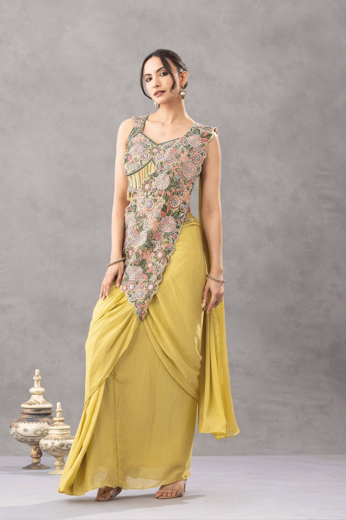 TRENDING READY TO WEAR SAREE WITH EMBROIDERED STYLIST BLOUSE ON CHINON FABRIC