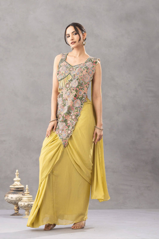 TRENDING READY TO WEAR SAREE WITH EMBROIDERED STYLIST BLOUSE ON CHINON FABRIC