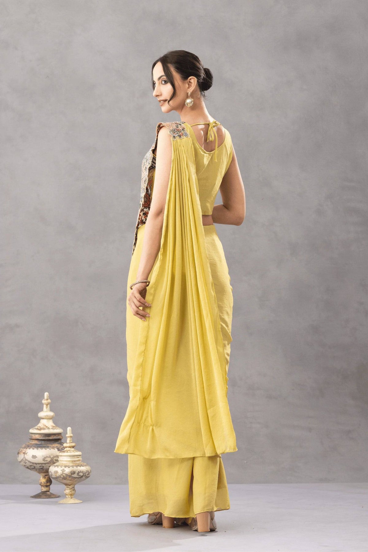 TRENDING READY TO WEAR SAREE WITH EMBROIDERED STYLIST BLOUSE ON CHINON FABRIC