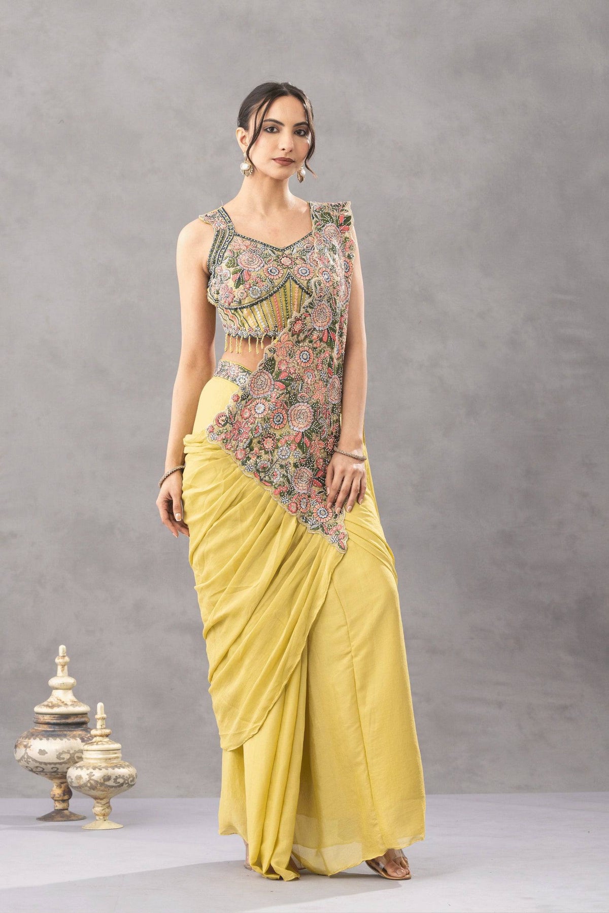 TRENDING READY TO WEAR SAREE WITH EMBROIDERED STYLIST BLOUSE ON CHINON FABRIC